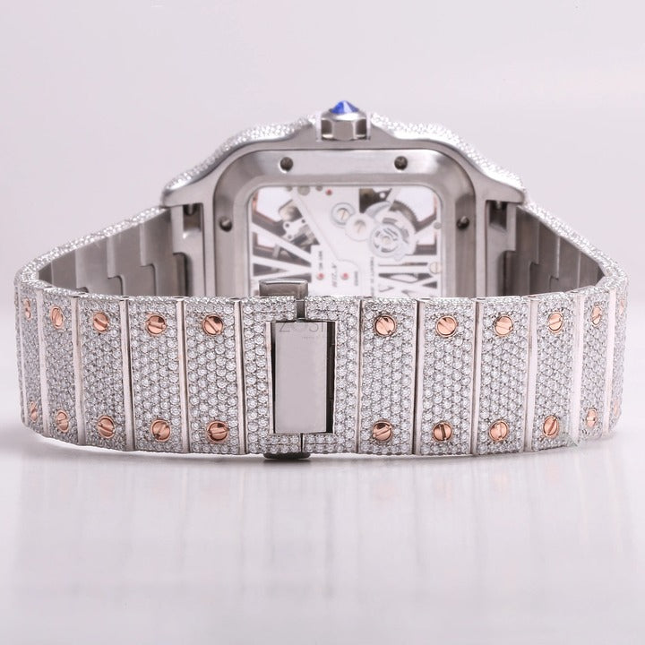 Luxury Square Skeleton Iced-Out Watch – Rose Gold & Silver Diamond-Style Automatic Timepiece