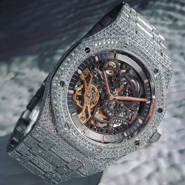 Luxury Silver Skeleton Iced-Out Watch – Diamond-Style Stainless Steel Automatic Timepiece